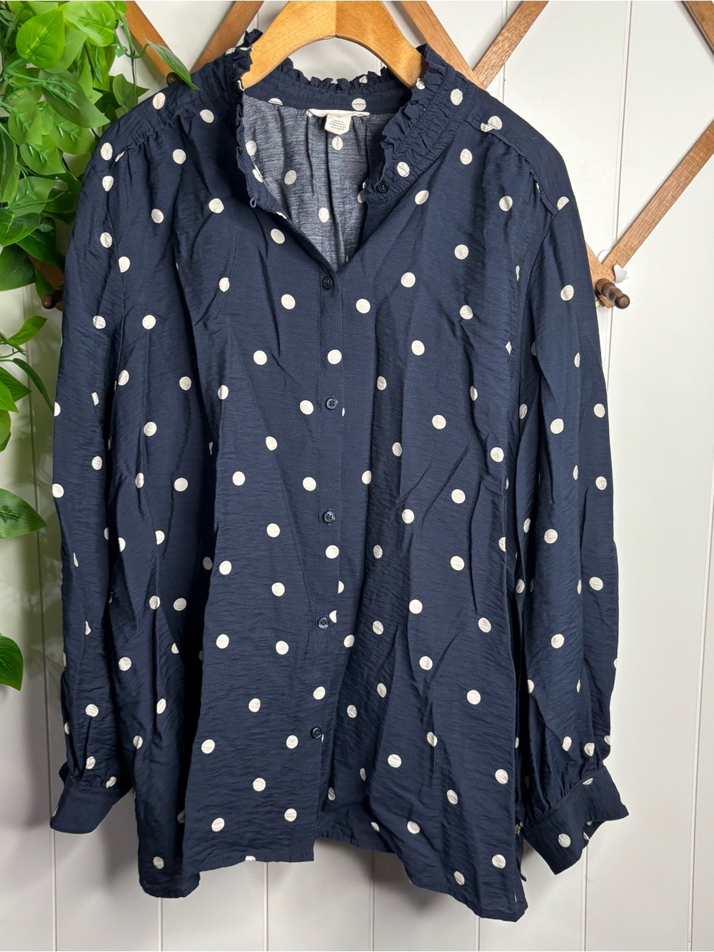 Caslon Navy Polka Dot Button-Up Blouse 2X